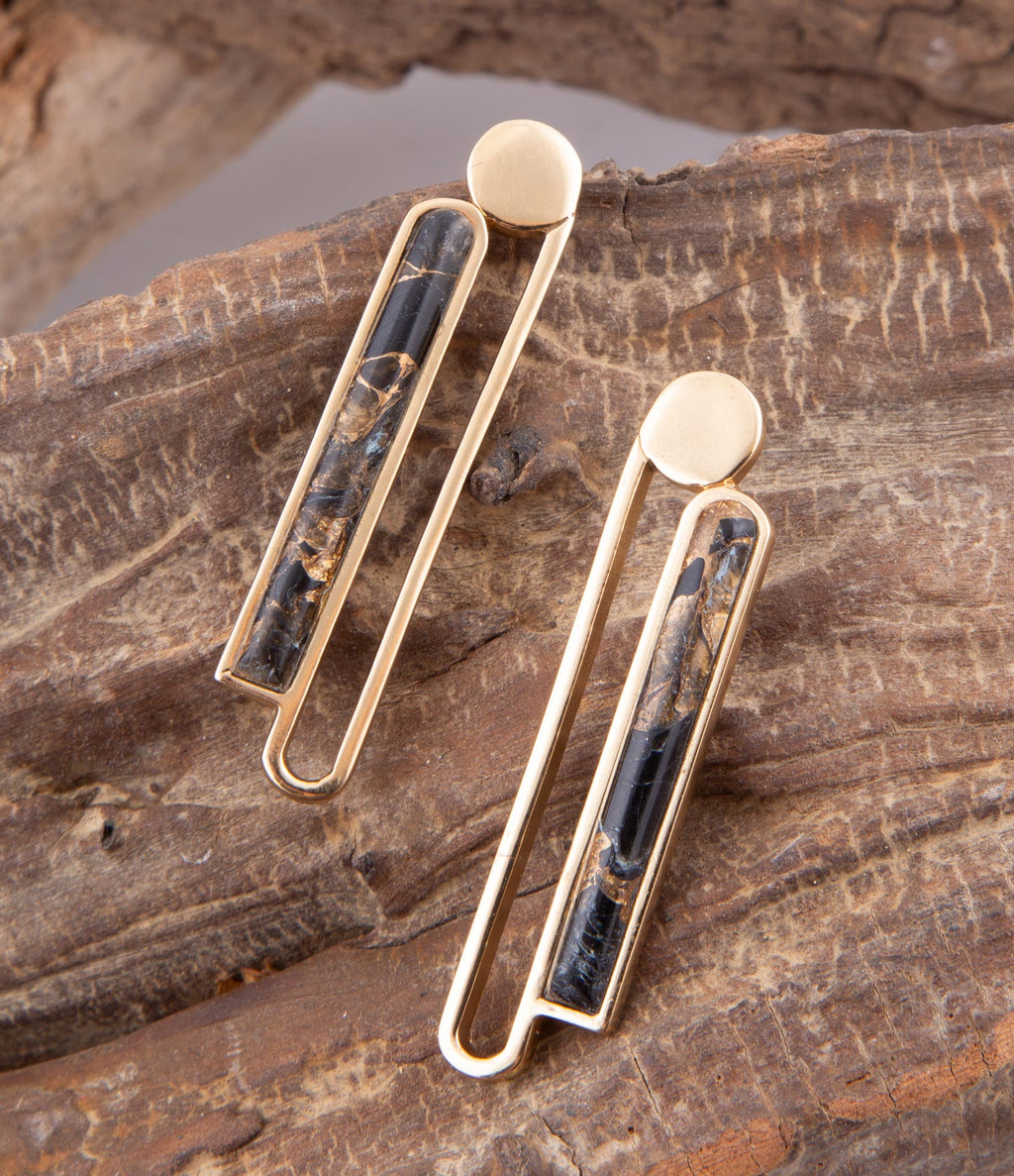 Linear Black and Gold Shungite Matrix and Golden Bronze Earrings | Earrings | Wiccan Center
