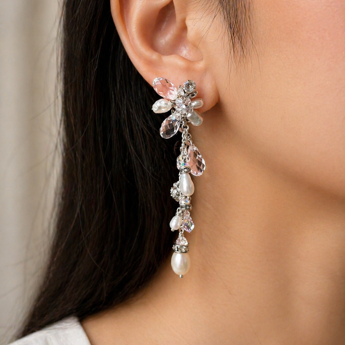 Long Flower earrings Pearl and crystal rhinestone