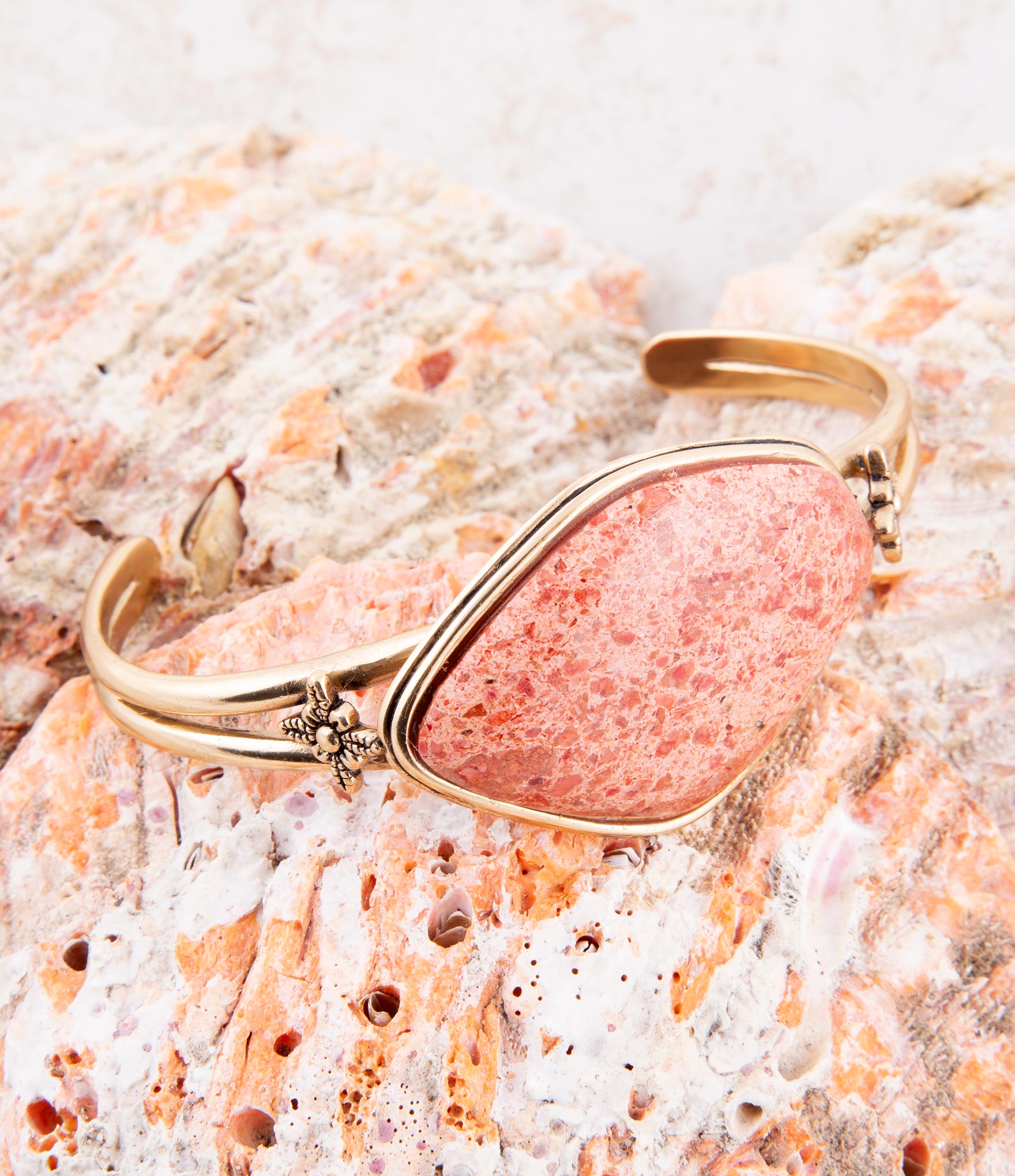 Lucent Orange Sponge Coral Cuff Golden Bracelet | Bracelets | Wiccan Center