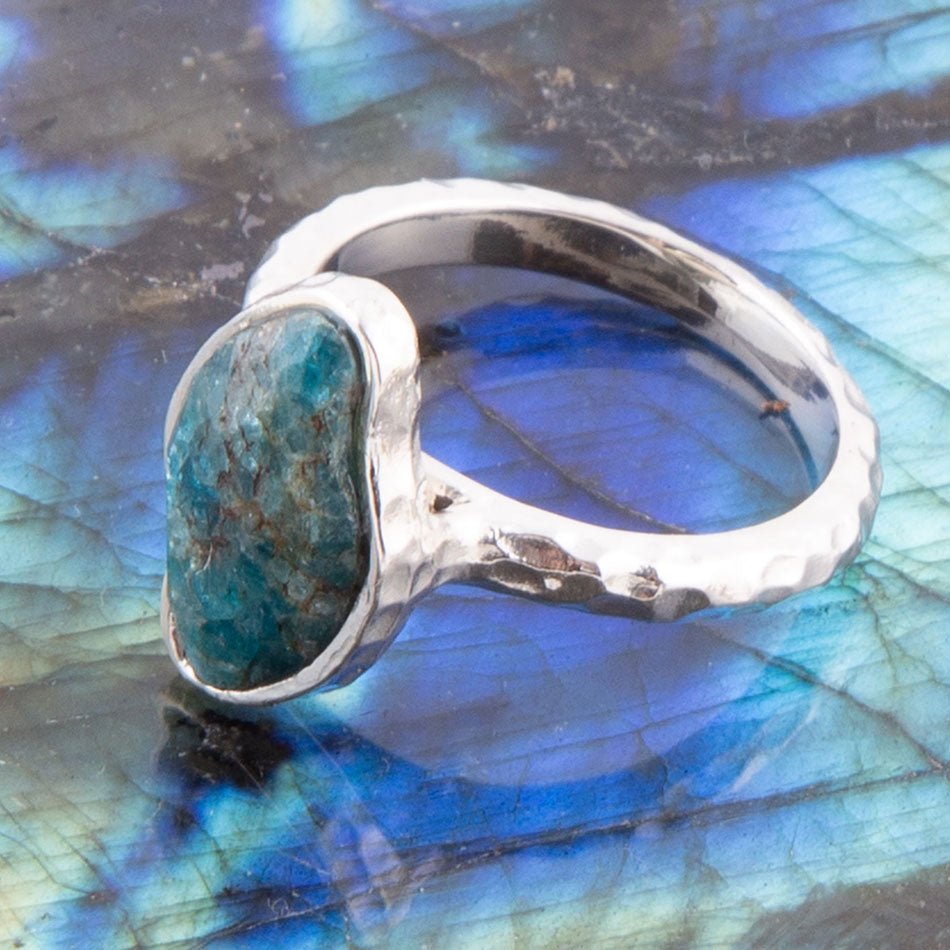 Luna Faceted Blue Apatite and Sterling Silver Hammered Ring | Rings | Wiccan Center