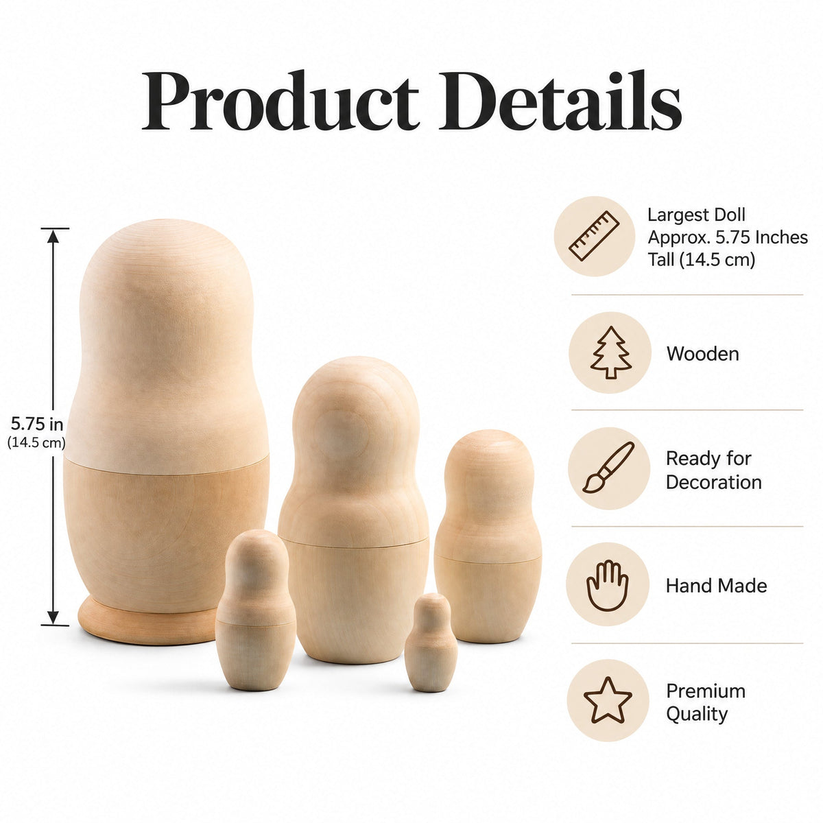 Set of 5 Unfinished Wooden Nesting Dolls DIY Craft Blanks for Painting 5.75 Inches | Nesting Dolls > Unfinished | Wiccan Center