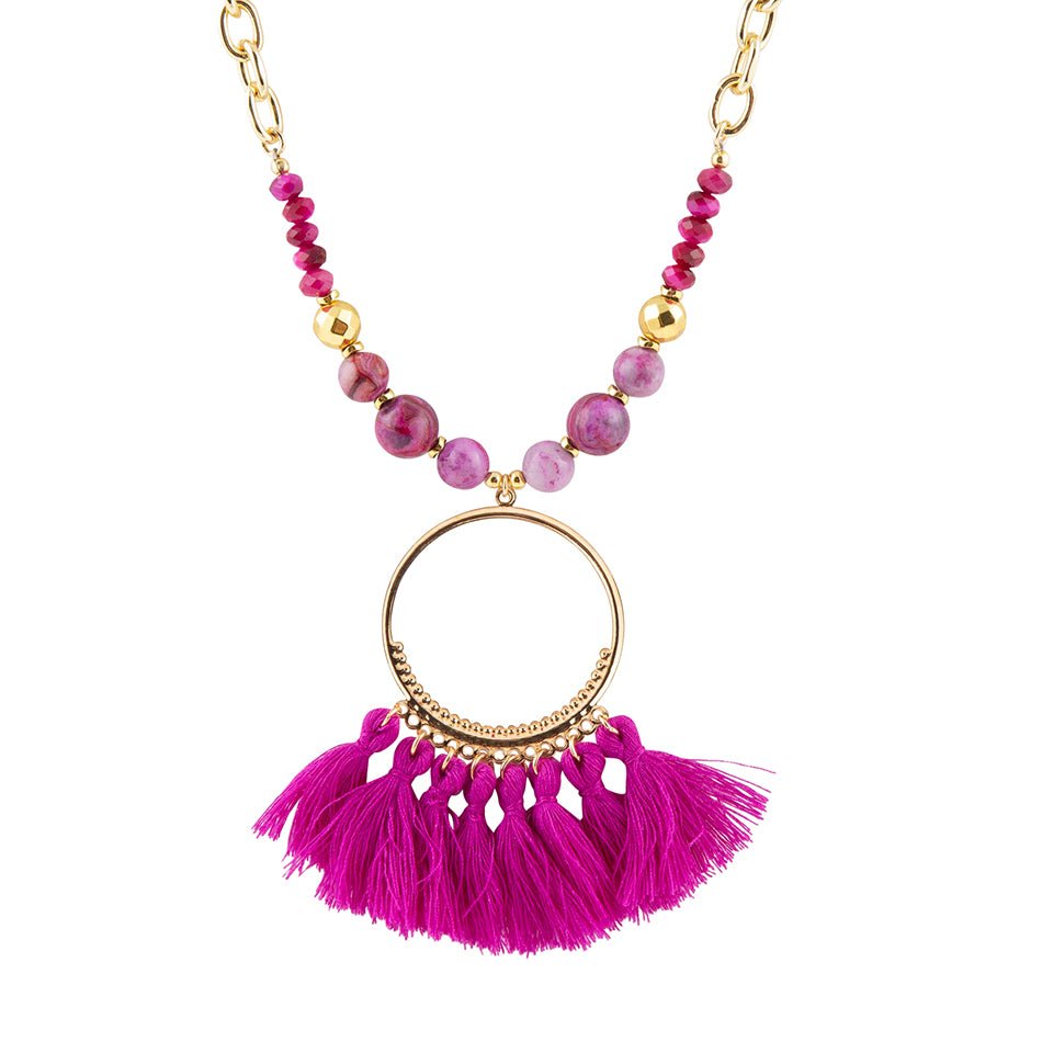 Pink Magenta Dreams Agate Tassel Golden Necklace | Necklaces | Wiccan Center