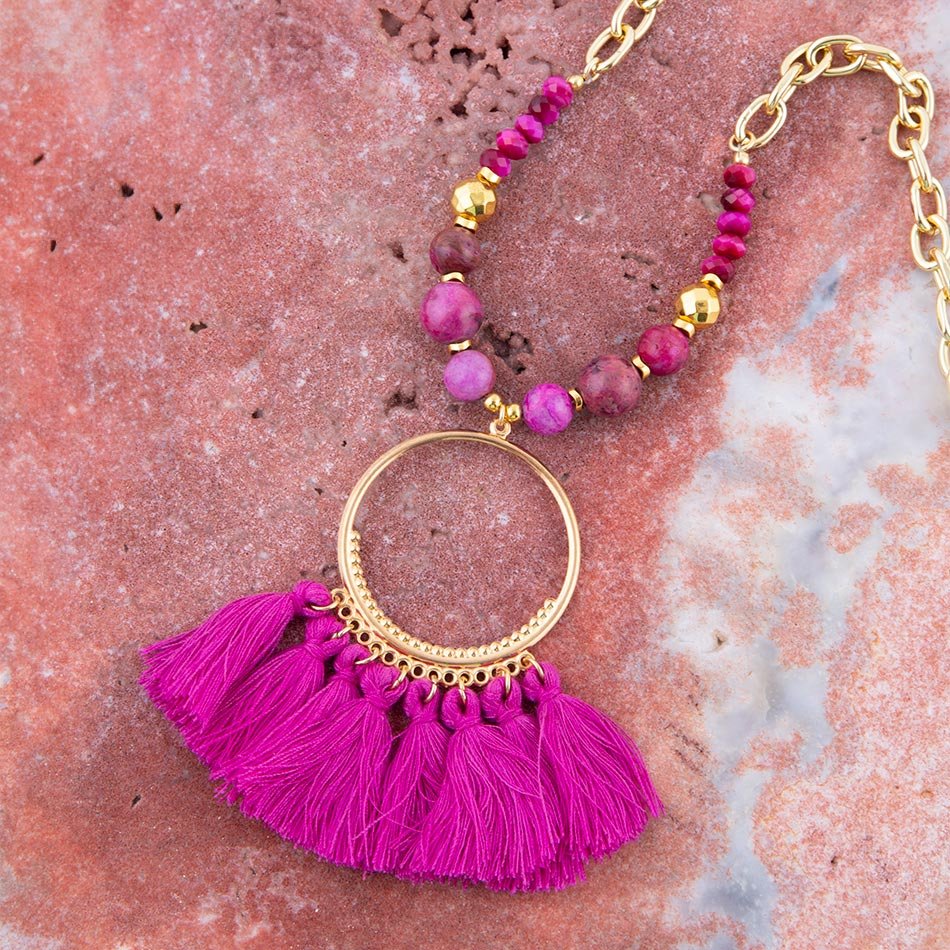 Pink Magenta Dreams Agate Tassel Golden Necklace | Necklaces | Wiccan Center