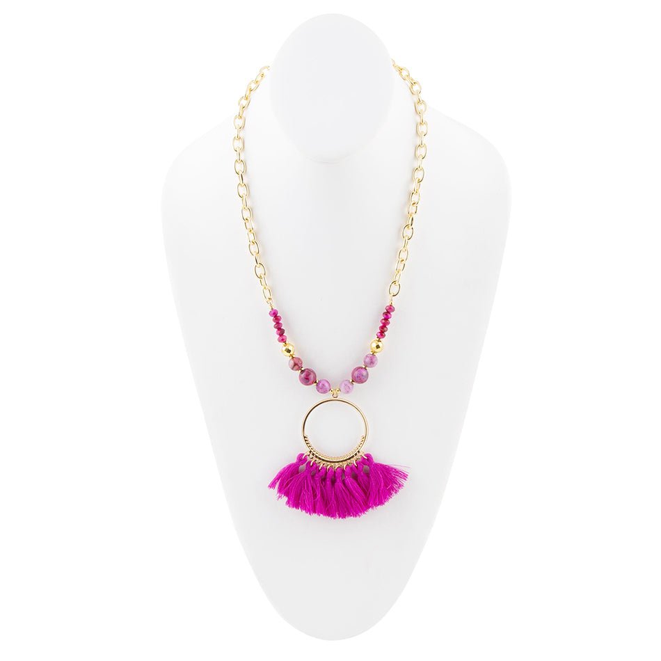 Pink Magenta Dreams Agate Tassel Golden Necklace | Necklaces | Wiccan Center