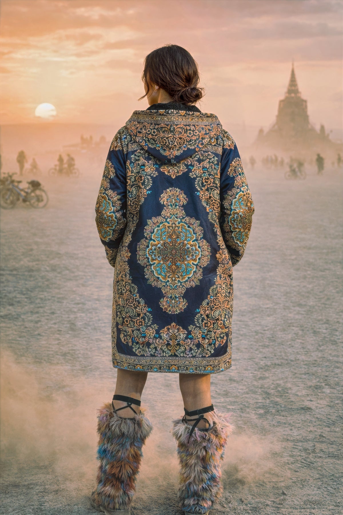 Classic Persian Cuddle Coat | Qom, Blue and Gold | Unisex Minky Sherpa Lined Coat with Hood, Zipper and Pockets | Women and Mens Festival Coat | Mountain Fashion | Zipper Cloak - AOP | Wiccan Center