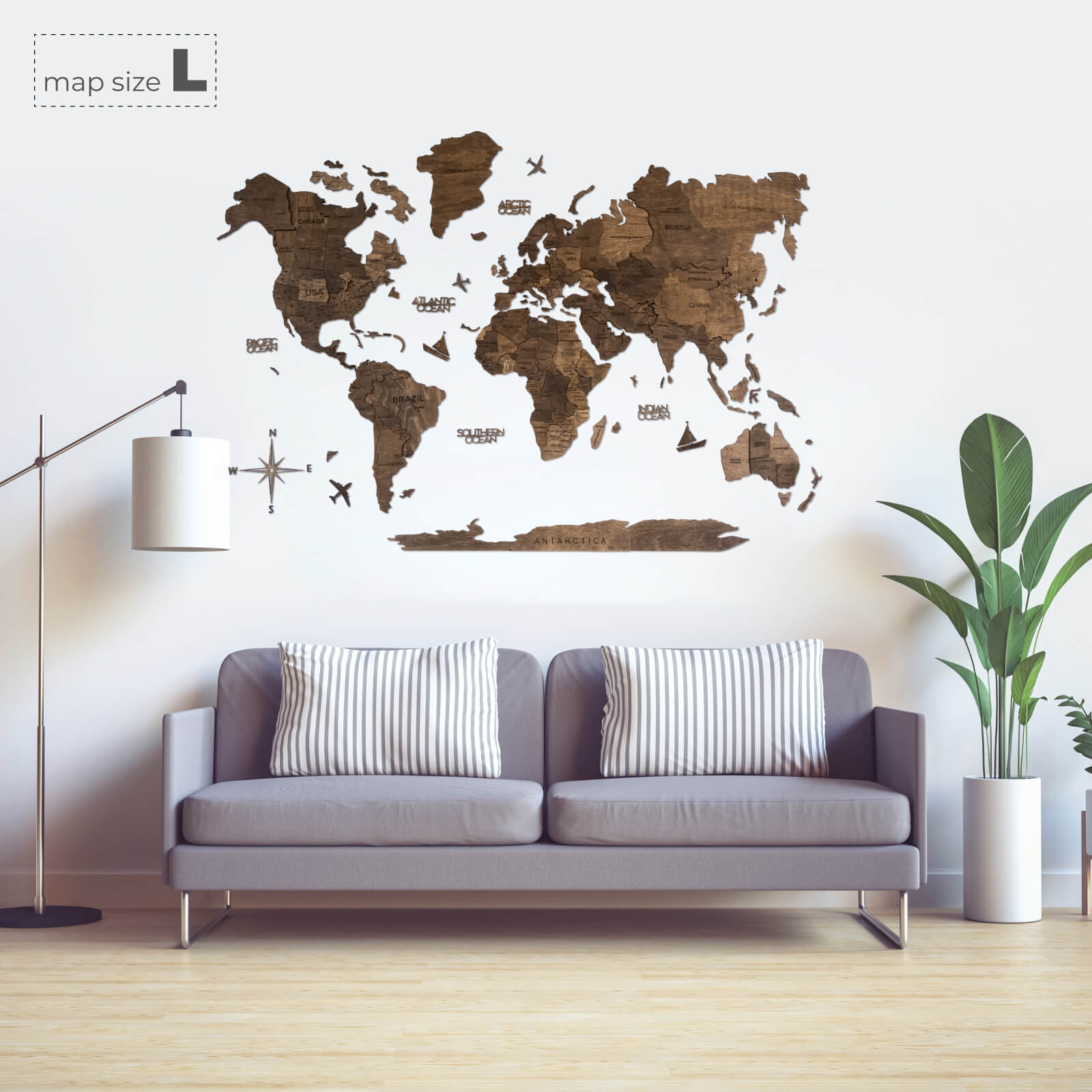 3D Wooden World Map Dark Walnut (for US only)