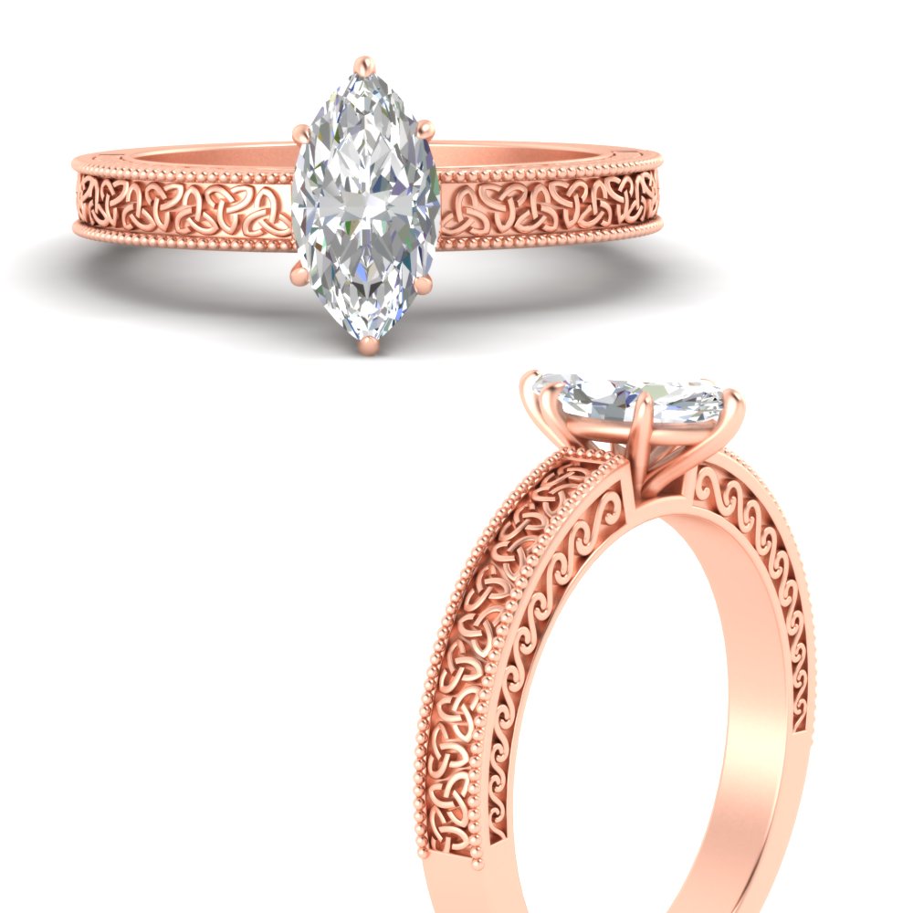 Marquise Cut Celtic Engraved Solitaire Engagement Ring