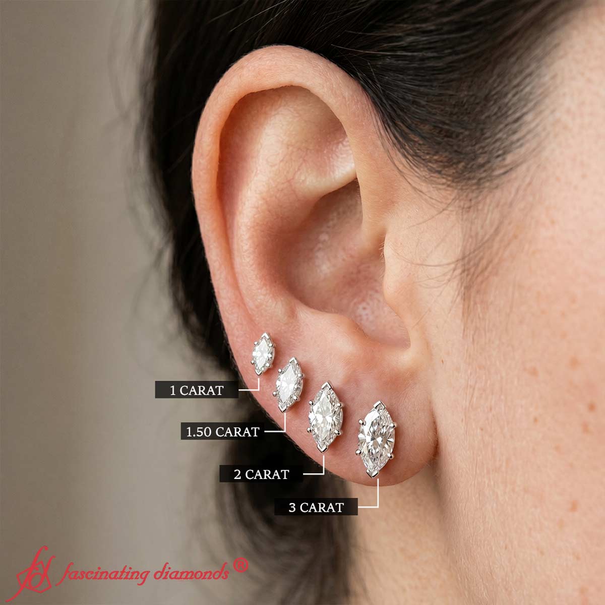 6 Prong Marquise Diamonds Solitaire Stud Earring in Basket Setting