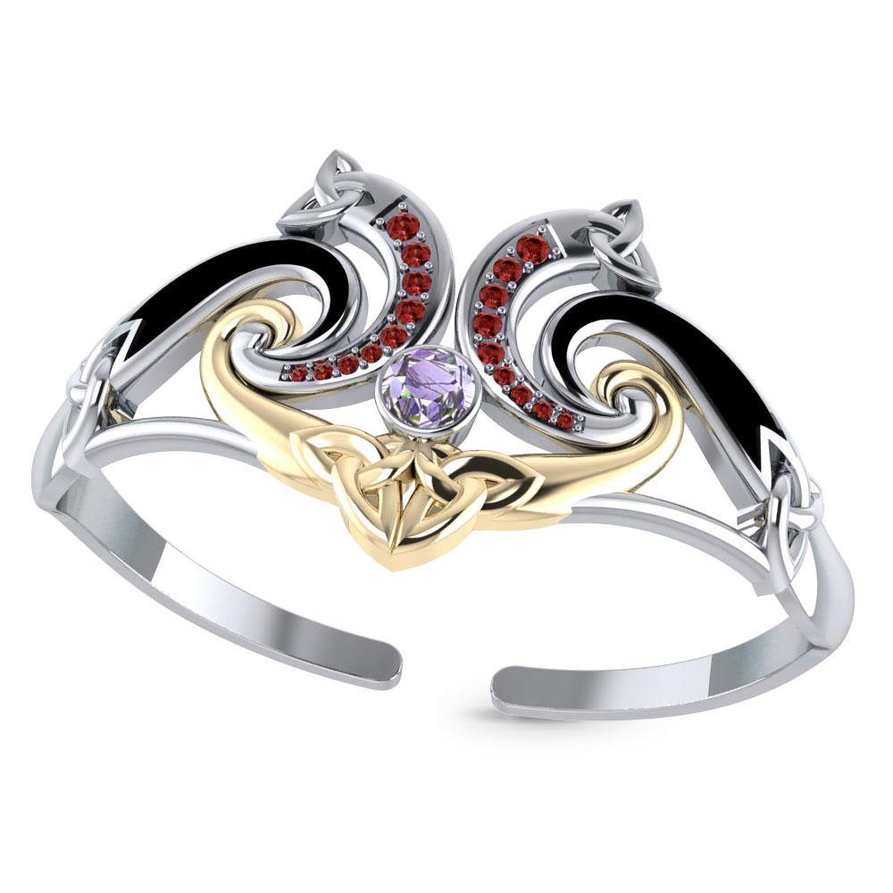 Celtic Triquetra Sterling Silver Bangle With 14K Gold Accent And Gemstone MBA049