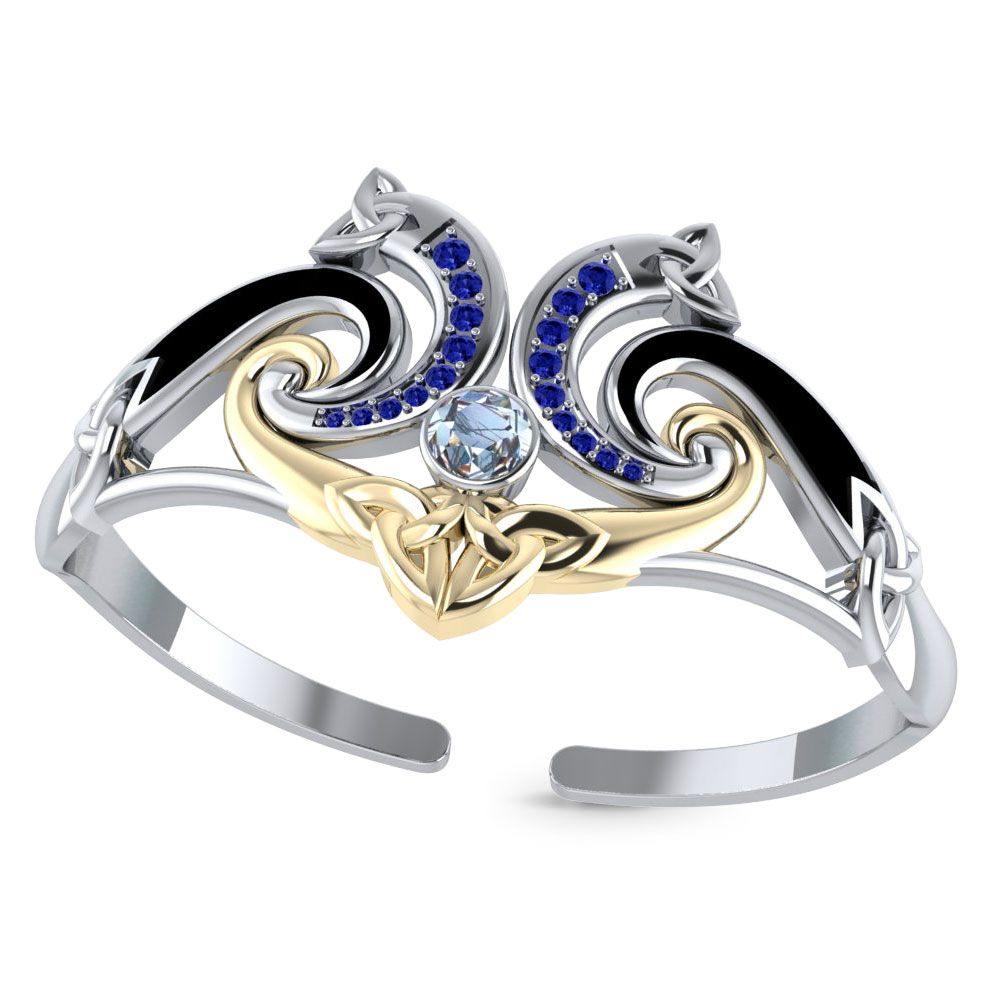 Celtic Triquetra Sterling Silver Bangle With 14K Gold Accent And Gemstone MBA049