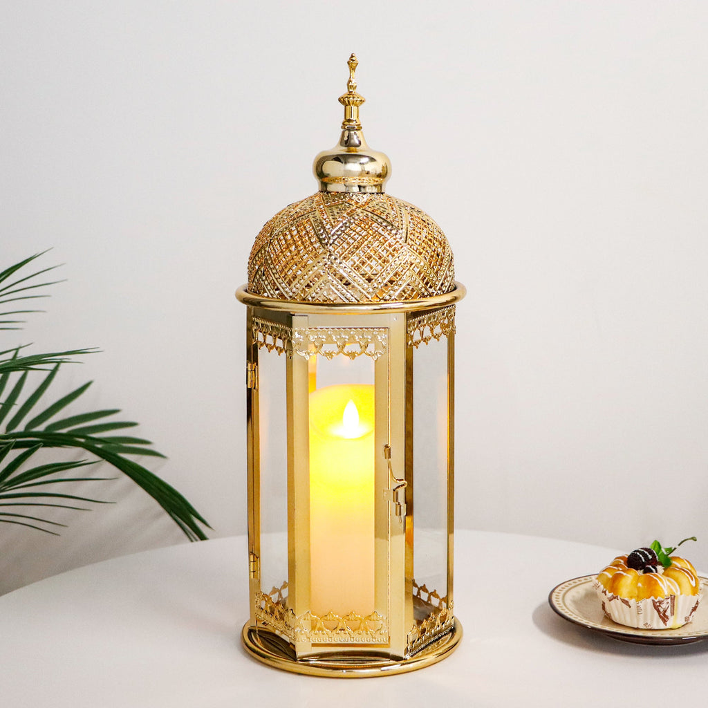 Moroccan Candle Lantern 17'' Gold Hexagonal Candle Holder | | Wiccan Center