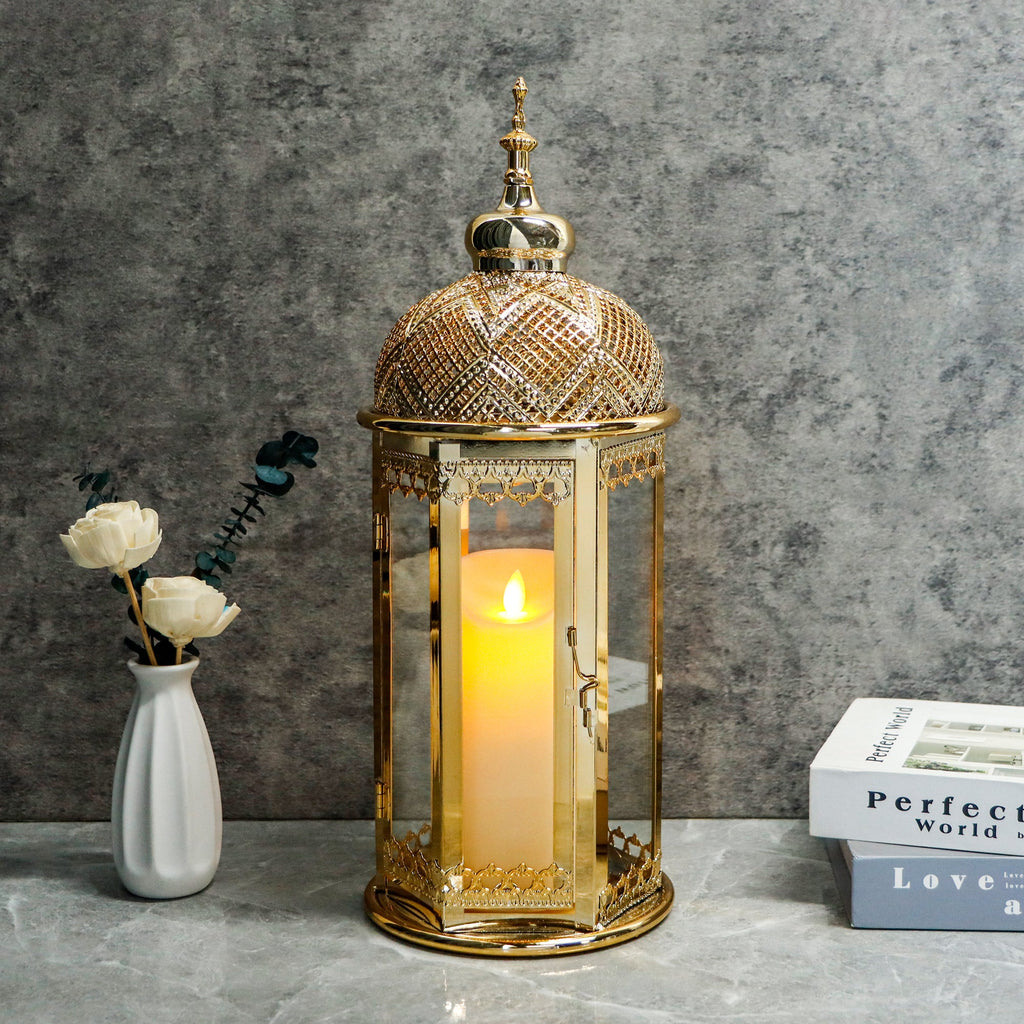 Moroccan Candle Lantern 17'' Gold Hexagonal Candle Holder | | Wiccan Center