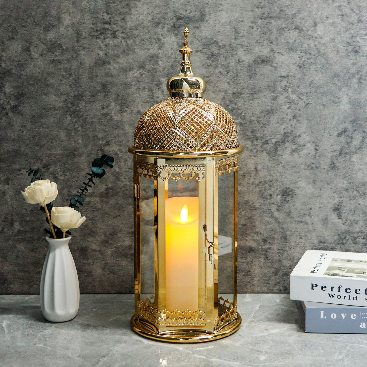 Moroccan Candle Lantern 17'' Gold Hexagonal Candle Holder | | Wiccan Center