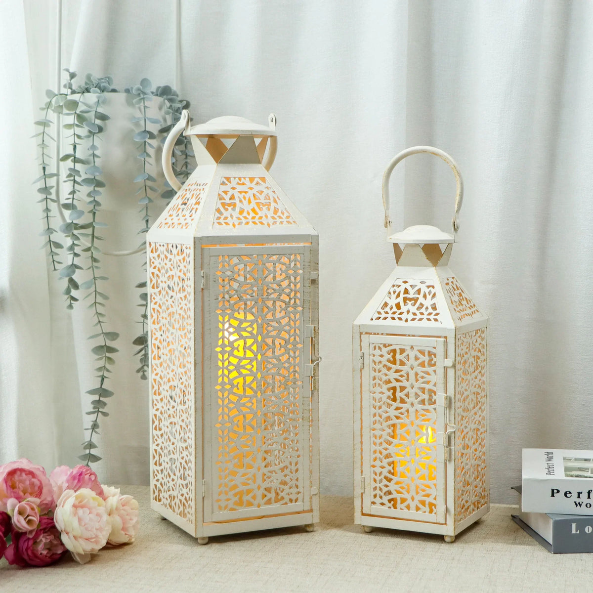 19"&14''H Moroccan Decorative Metal Candle Holders with Hollow Pattern | Decorative Candle Lanterns | Wiccan Center