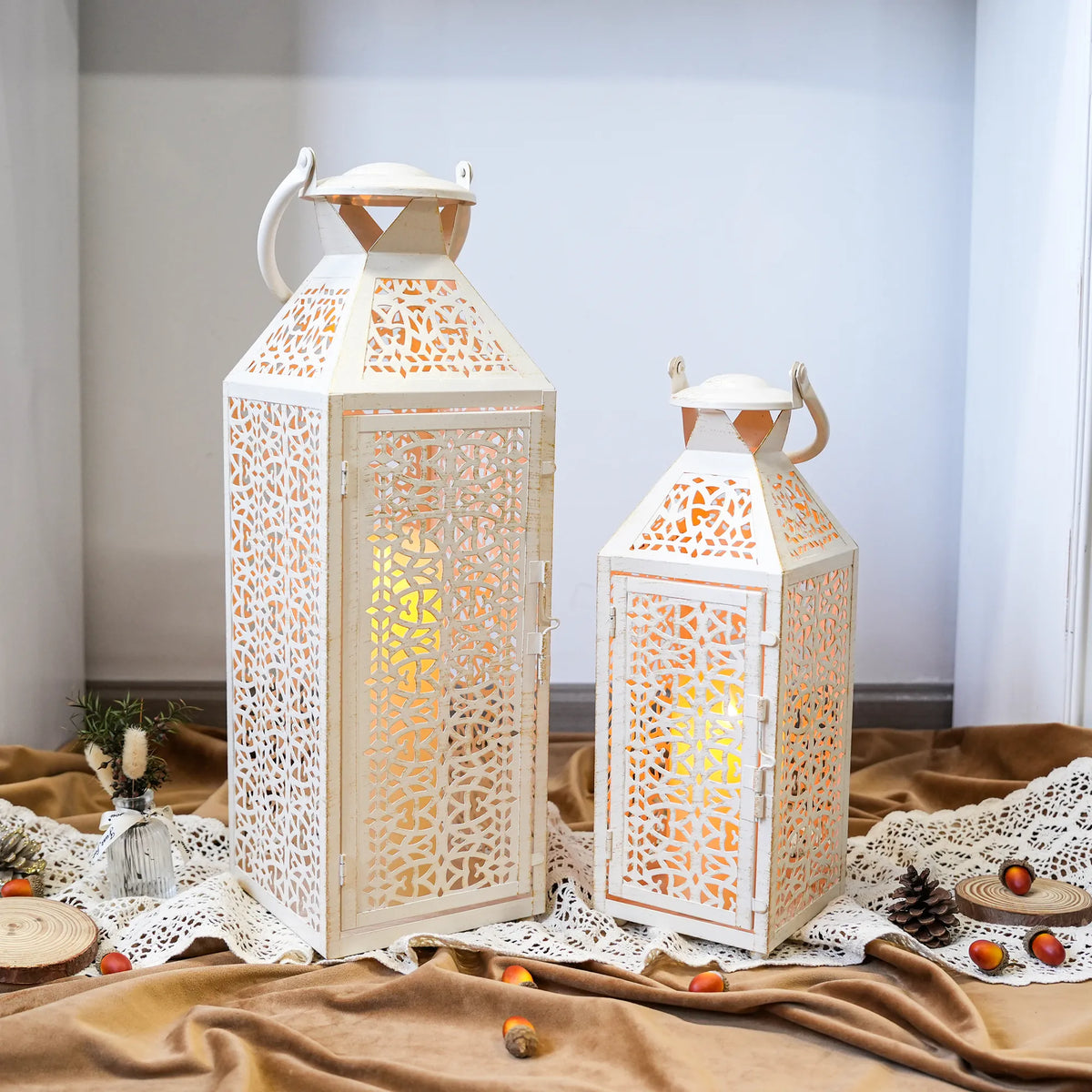 19"&14''H Moroccan Decorative Metal Candle Holders with Hollow Pattern | Decorative Candle Lanterns | Wiccan Center