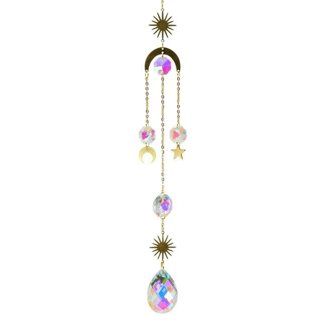 Metallic Hoop Moon Sun Catcher Hanging Crystal Pendant Chandelier Lamps Light Crystals Glass Pendants Light Rainbow Maker Wind Chime Hanging Drop Gift of Good Luck Garden Decor Hanging Ornament For Home Decoration | STDEMAQ9WS0 | Wiccan Center