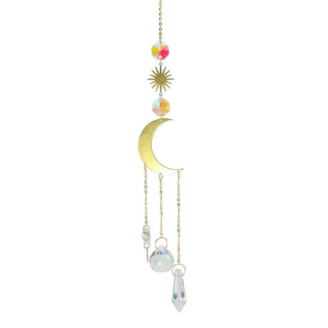 Metallic Hoop Moon Sun Catcher Hanging Crystal Pendant Chandelier Lamps Light Crystals Glass Pendants Light Rainbow Maker Wind Chime Hanging Drop Gift of Good Luck Garden Decor Hanging Ornament For Home Decoration | STDEMAQ9WS0 | Wiccan Center