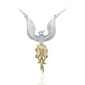 Mythical Phoenix Alighting Breakthrough Silver And 14K Gold Necklace With Gemstone Accents MNC234 White Cubic Zirconia