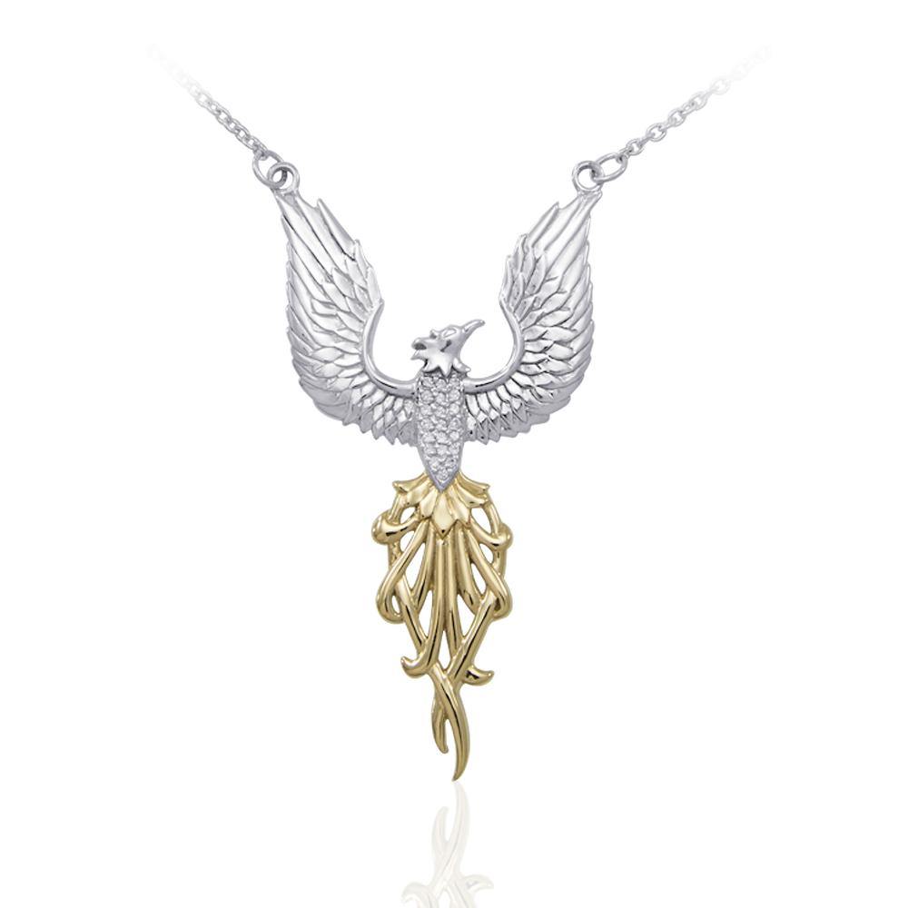 Mythical Phoenix Alighting Breakthrough Silver And 14K Gold Necklace With Gemstone Accents MNC234 White Cubic Zirconia