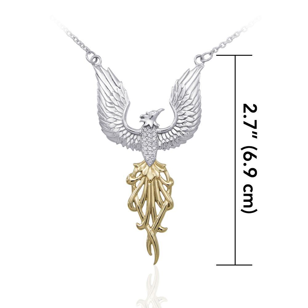 Mythical Phoenix Alighting Breakthrough Silver And 14K Gold Necklace With Gemstone Accents MNC234 White Cubic Zirconia