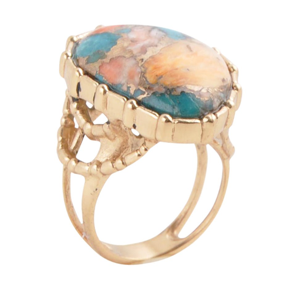 Modern Edge Turquoise and Spiny Oyster Shell Matrix Stone Golden Ring | Rings | Wiccan Center