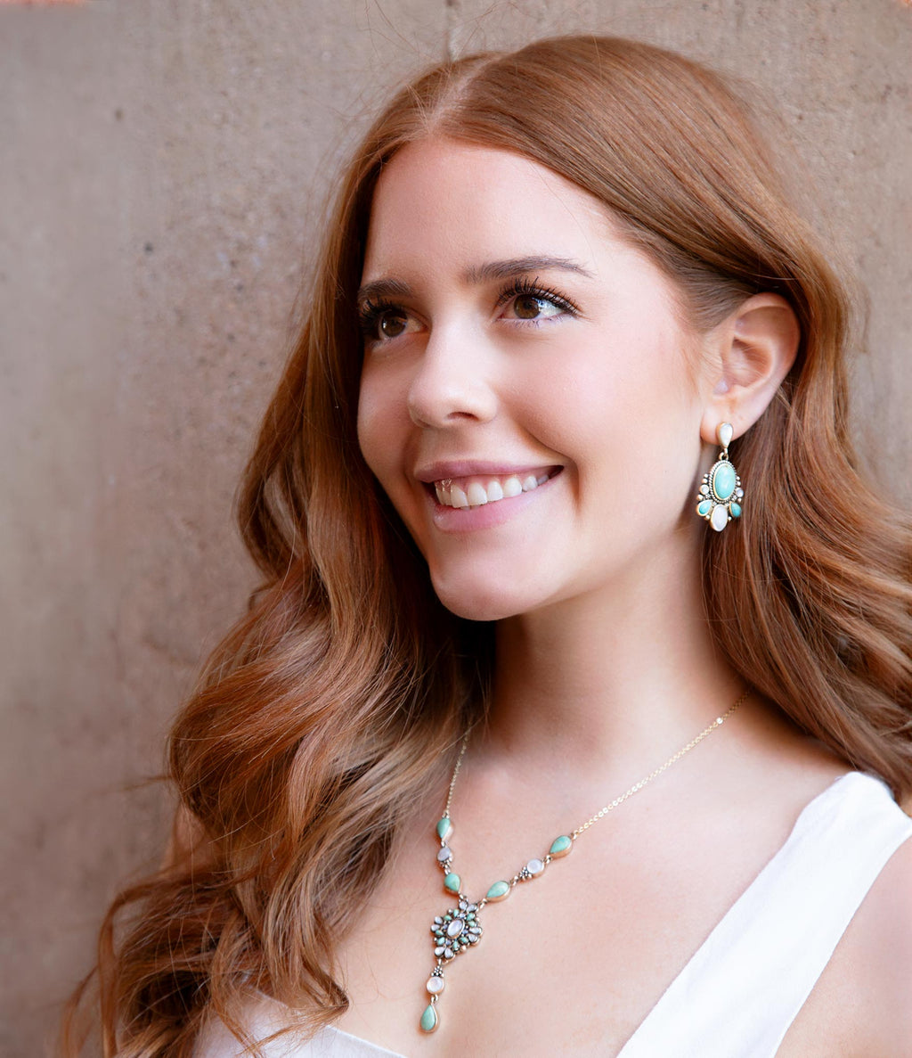 White Mother of Pearl and Blue Turquoise Golden Barcelona Y-Necklace | Necklaces | Wiccan Center