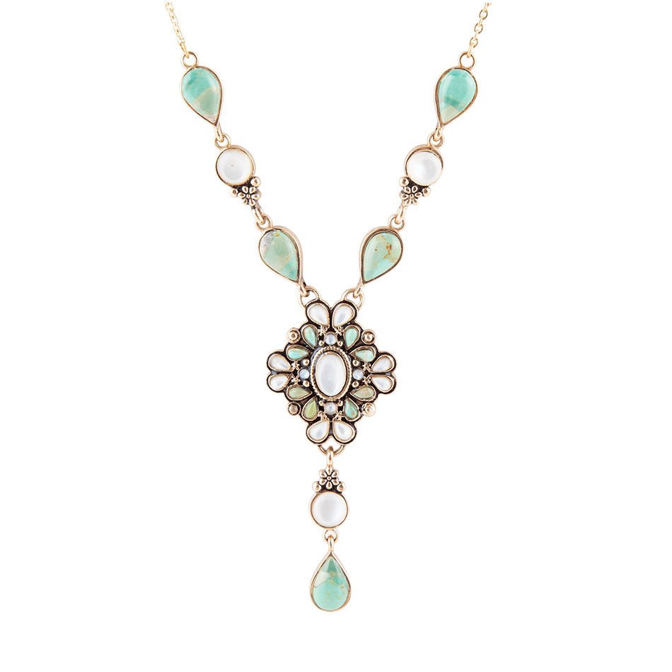 White Mother of Pearl and Blue Turquoise Golden Barcelona Y-Necklace | Necklaces | Wiccan Center