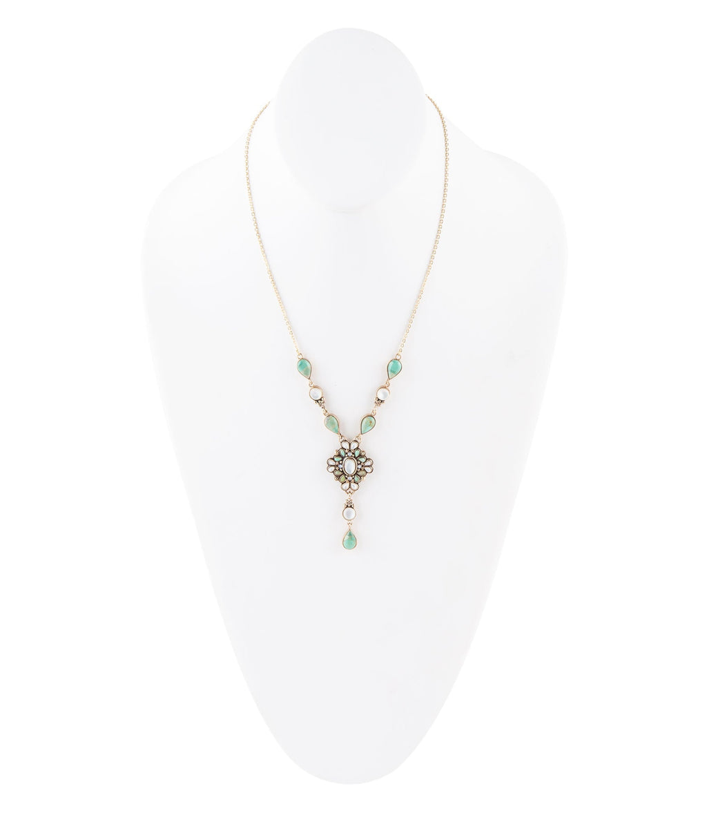 White Mother of Pearl and Blue Turquoise Golden Barcelona Y-Necklace | Necklaces | Wiccan Center