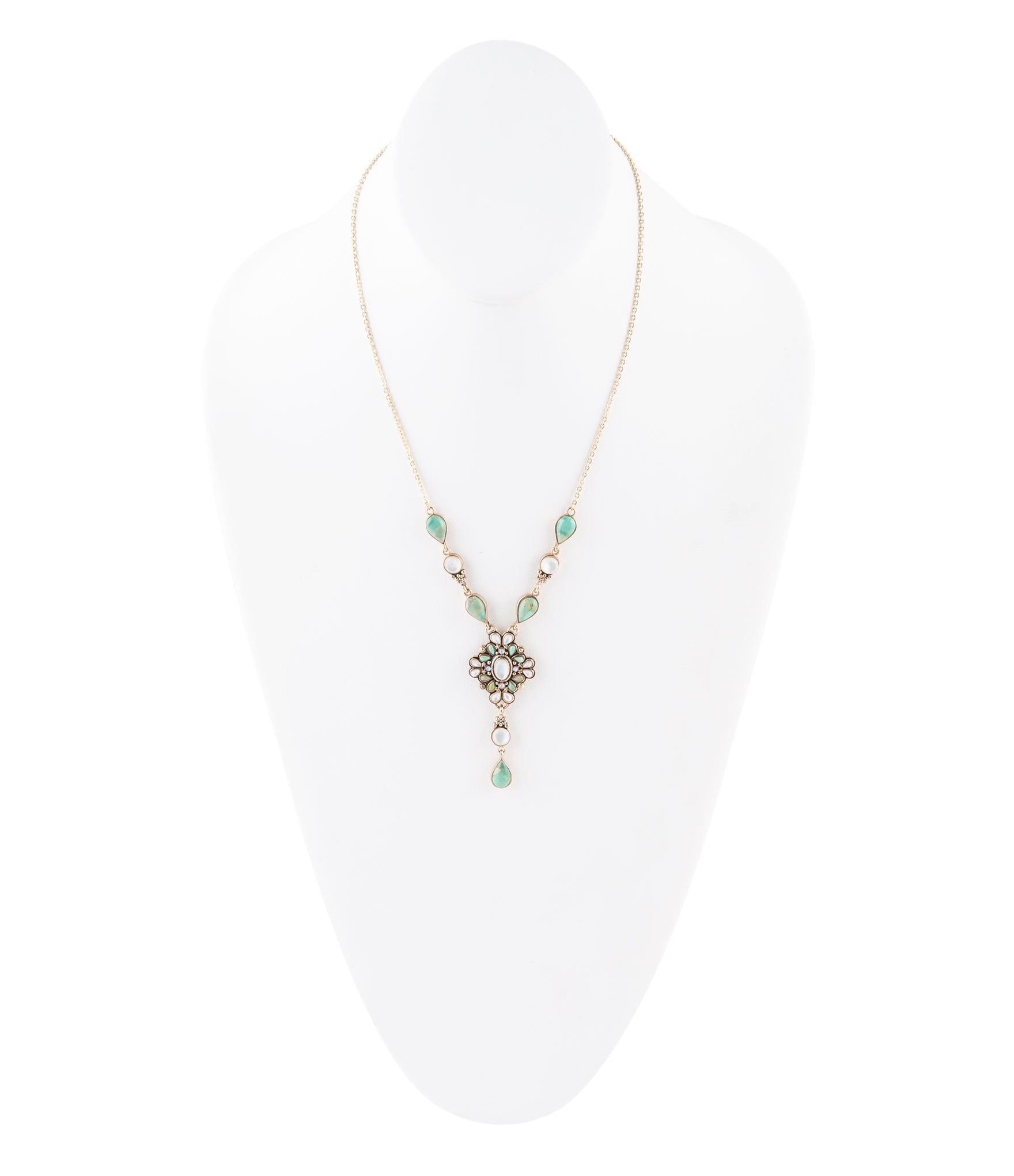 White Mother of Pearl and Blue Turquoise Golden Barcelona Y-Necklace | Necklaces | Wiccan Center