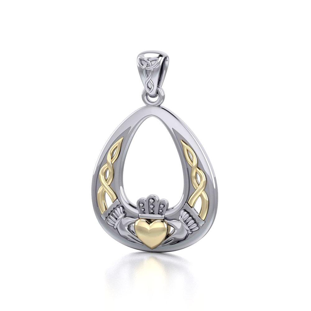 Celtic Claddagh Sterling Silver and 14K Gold Accent Pendant MPD3034