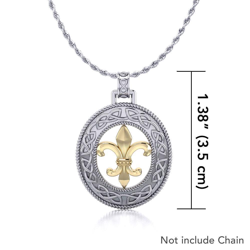 Celtic Knotwork Fleur-de-Lis Sterling Silver with 14k Gold Accent Pendant MPD336