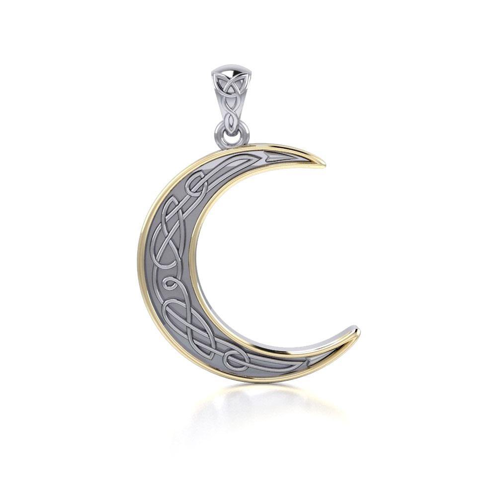 A night of the lunar promise ~ Celtic Knotwork Crescent Moon Sterling Silver with 14K Gold Accent Pendant MPD4201