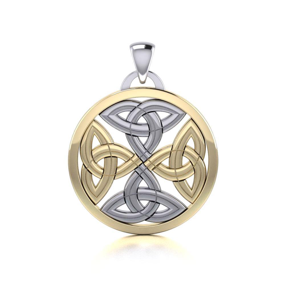 Celtic Trinity Quaternary Knot Pendant In Sterling Silver With 14K Gold Accents Circle Design MPD4631