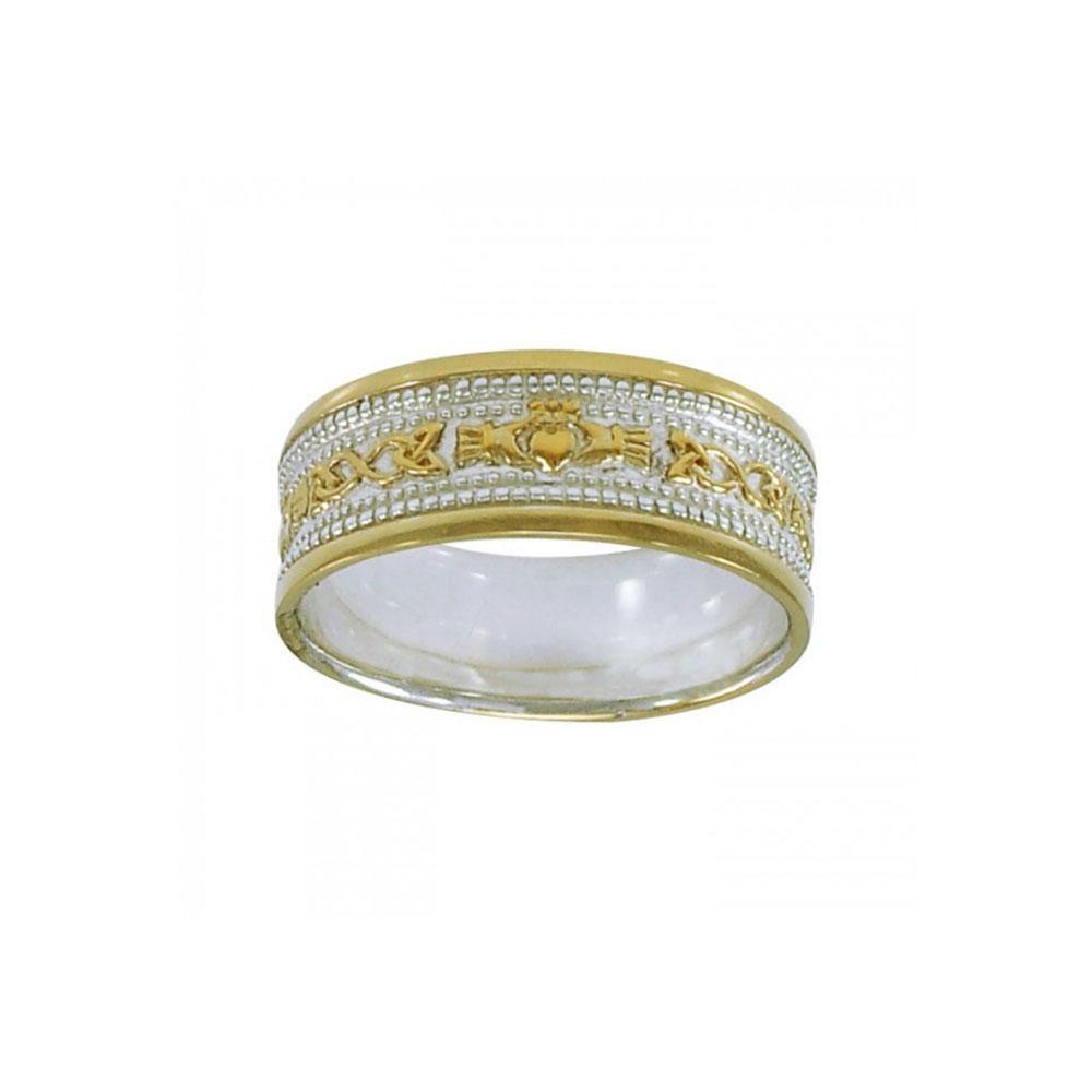 Evoke love, warmth, and passion ~ Celtic Knotwork Claddagh Sterling Silver with 14K Gold Accent Ring MRI1318