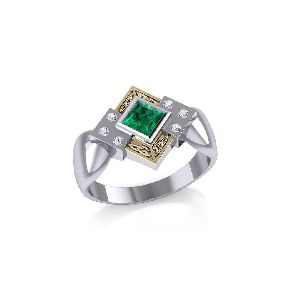 Celtic Trinity Knot Sterling Silver Ring With 18K Gold Accent Emerald And White Cubic Zirconia Gemstones MRI353