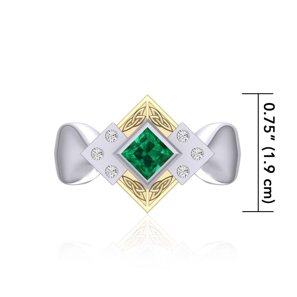 Celtic Trinity Knot Sterling Silver Ring With 18K Gold Accent Emerald And White Cubic Zirconia Gemstones MRI353