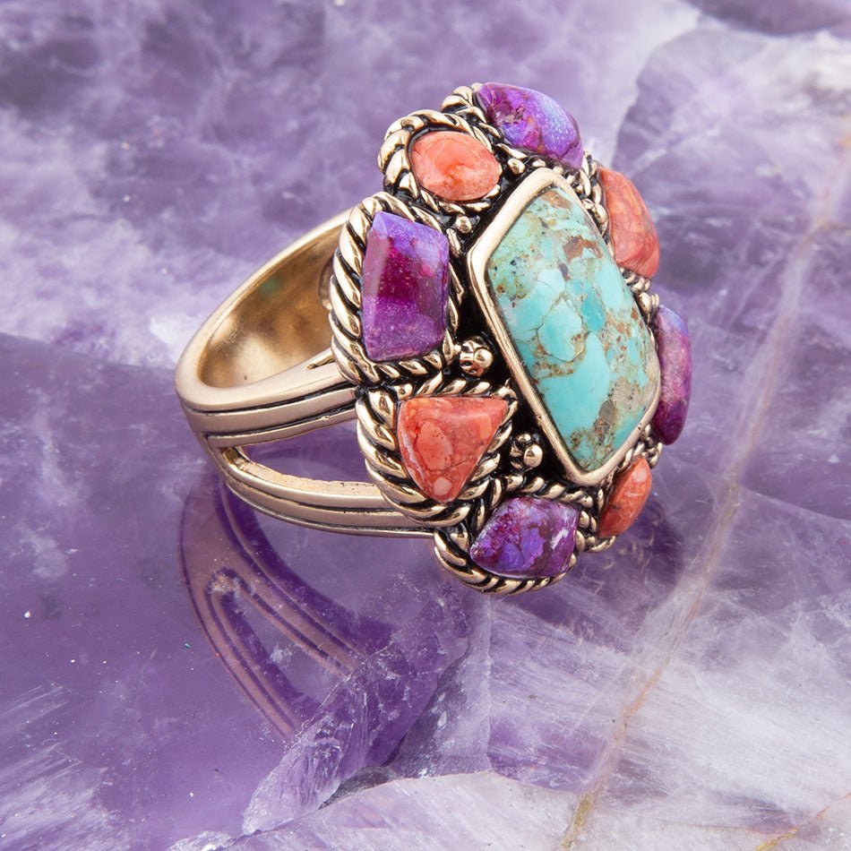 Blue Turquoise Colorful Floral Golden Ring | Rings | Wiccan Center