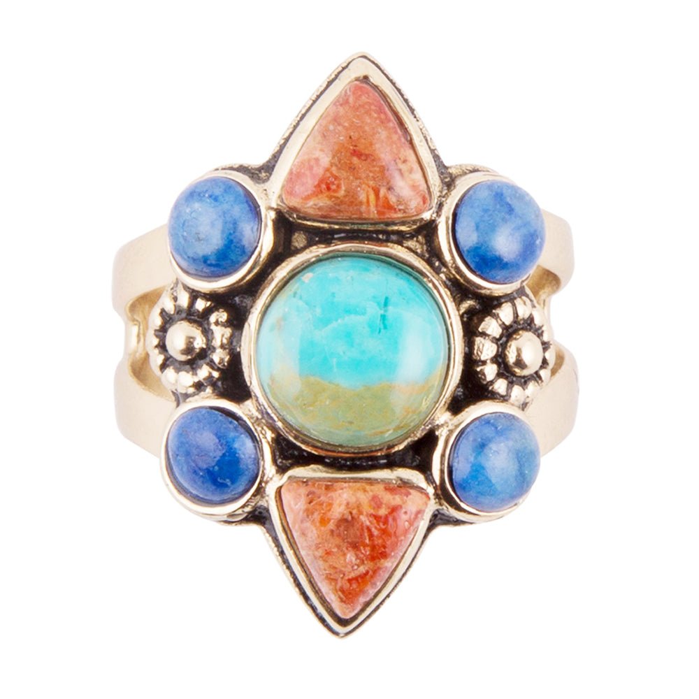 Blue Turquoise and Colorful Multi-Stone Golden Statement Ring | Rings | Wiccan Center