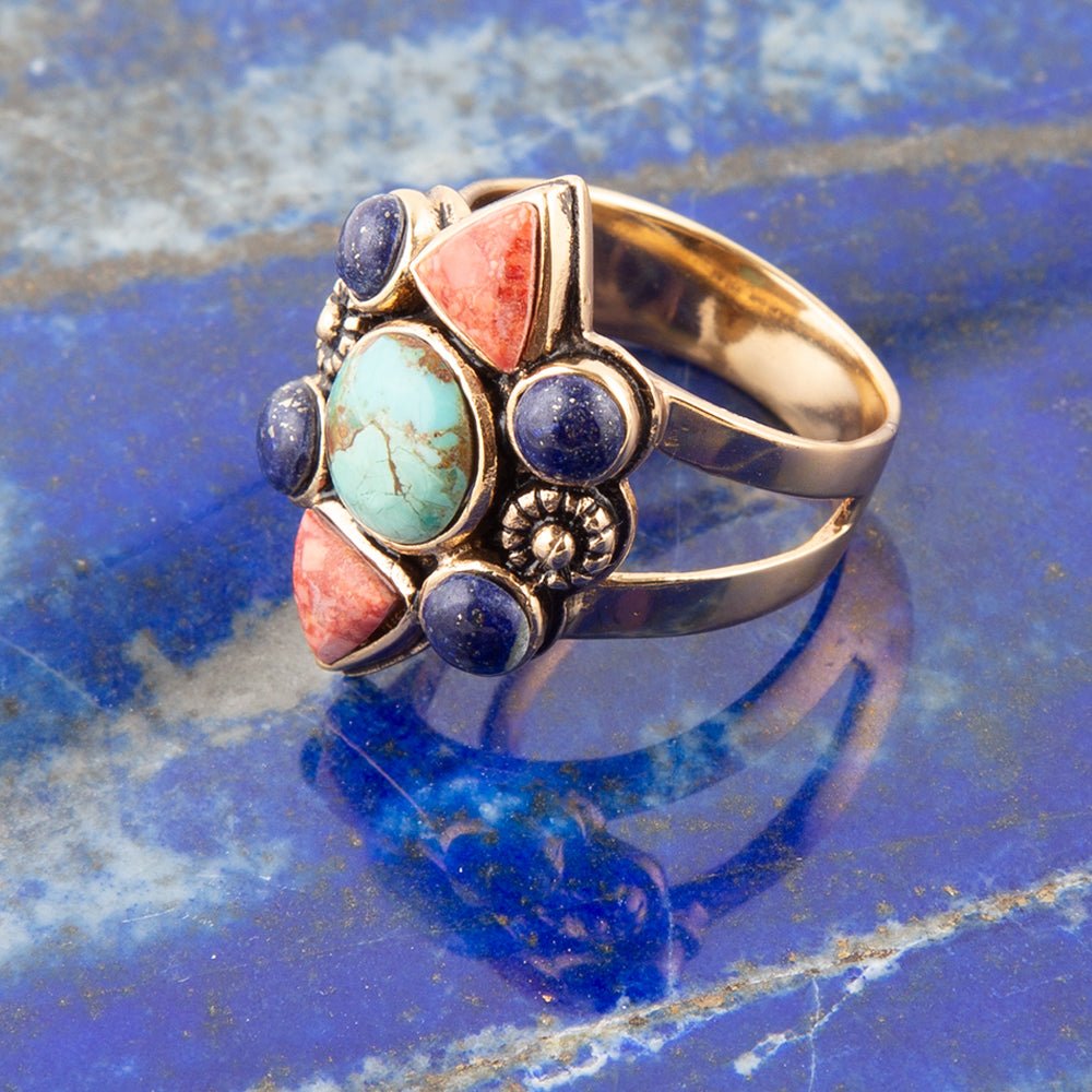 Blue Turquoise and Colorful Multi-Stone Golden Statement Ring | Rings | Wiccan Center