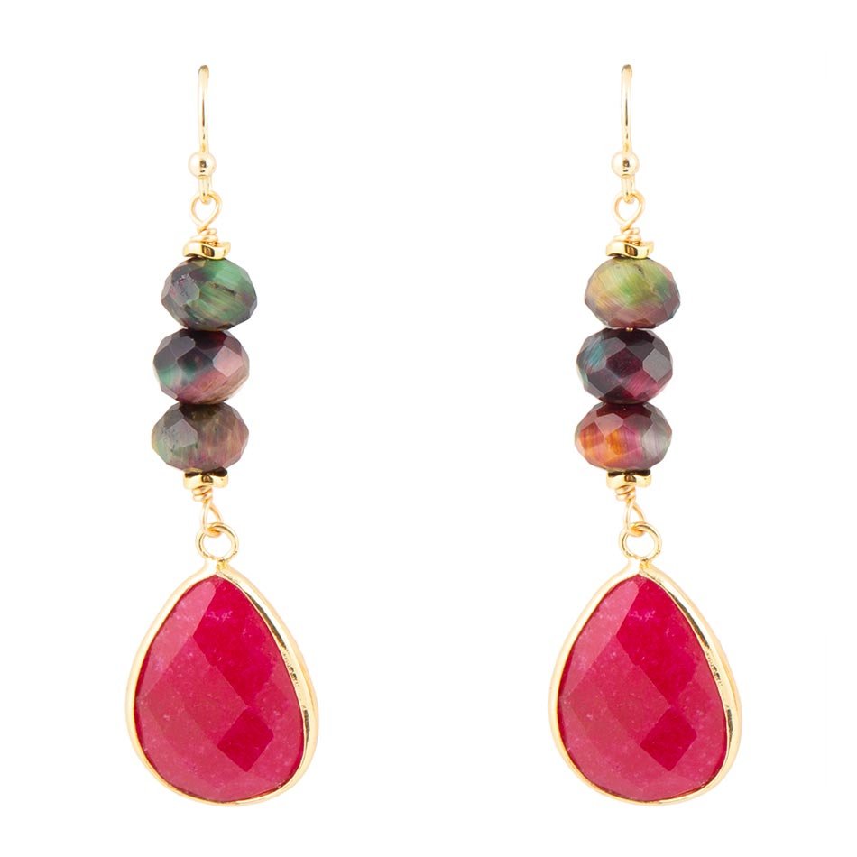 Jeweled Multicolor Tiger's Eye and Pink Agate Golden Drop Earrings | Earrings | Wiccan Center