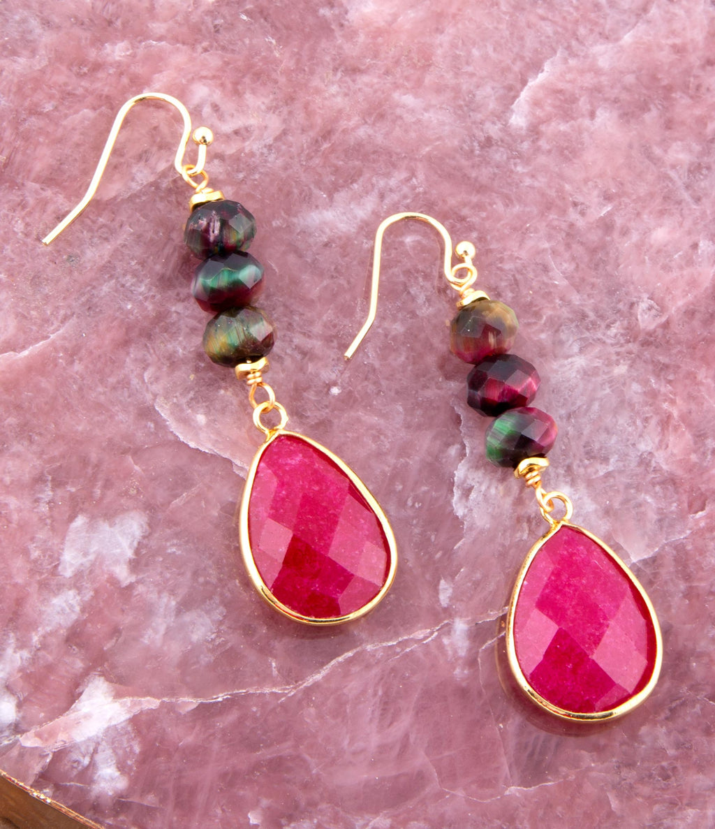 Jeweled Multicolor Tiger's Eye and Pink Agate Golden Drop Earrings | Earrings | Wiccan Center