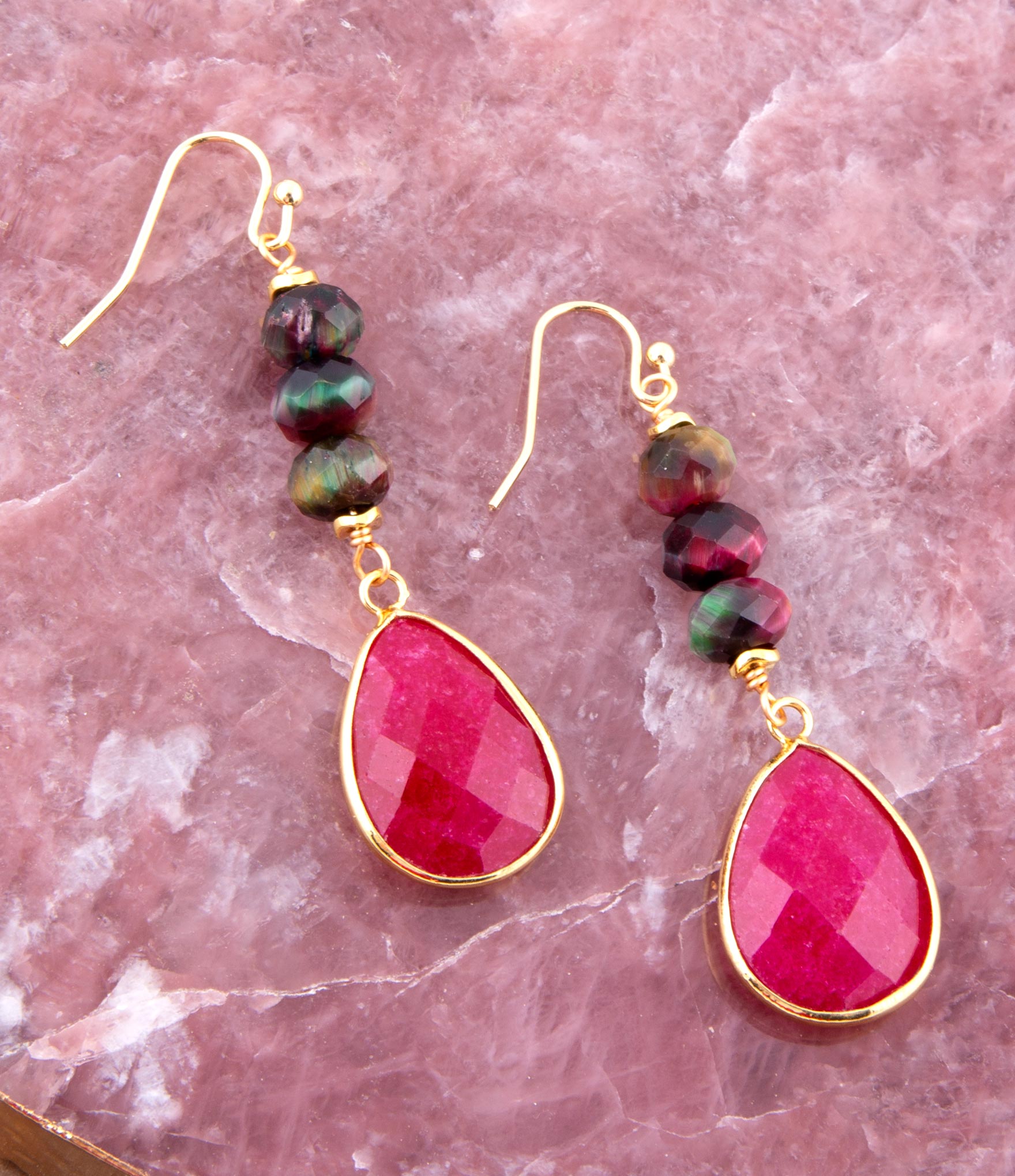 Jeweled Multicolor Tiger's Eye and Pink Agate Golden Drop Earrings | Earrings | Wiccan Center