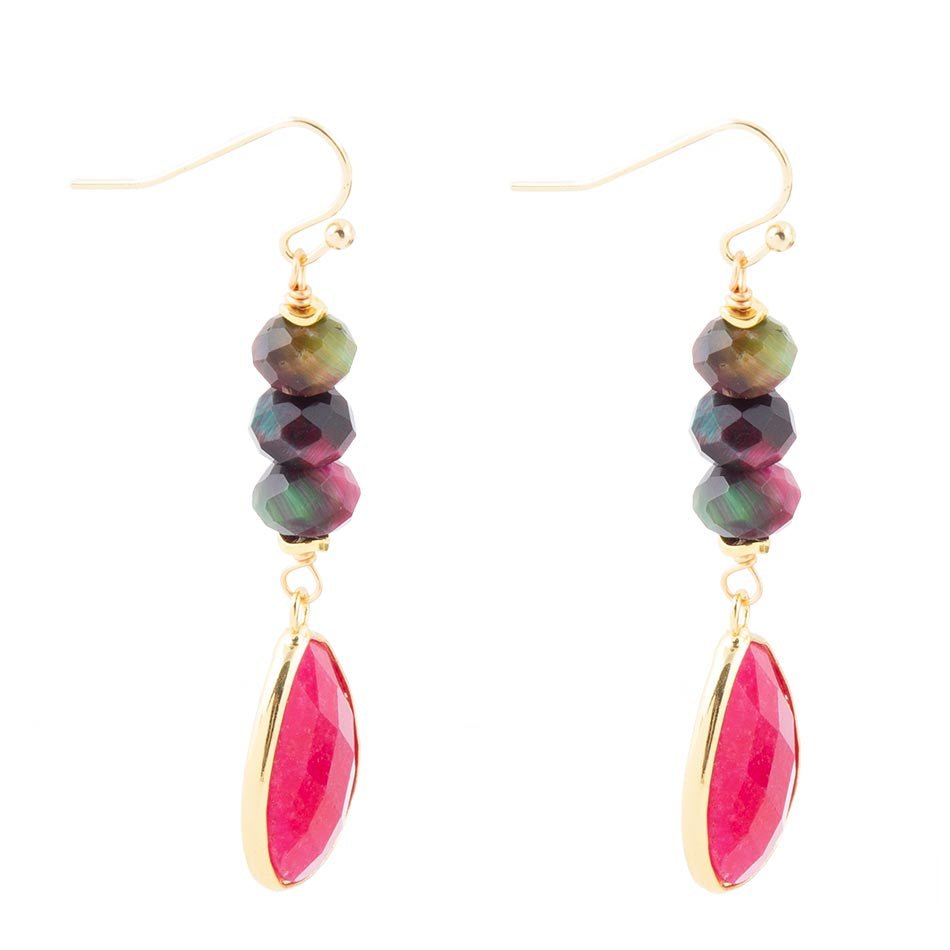 Jeweled Multicolor Tiger's Eye and Pink Agate Golden Drop Earrings | Earrings | Wiccan Center