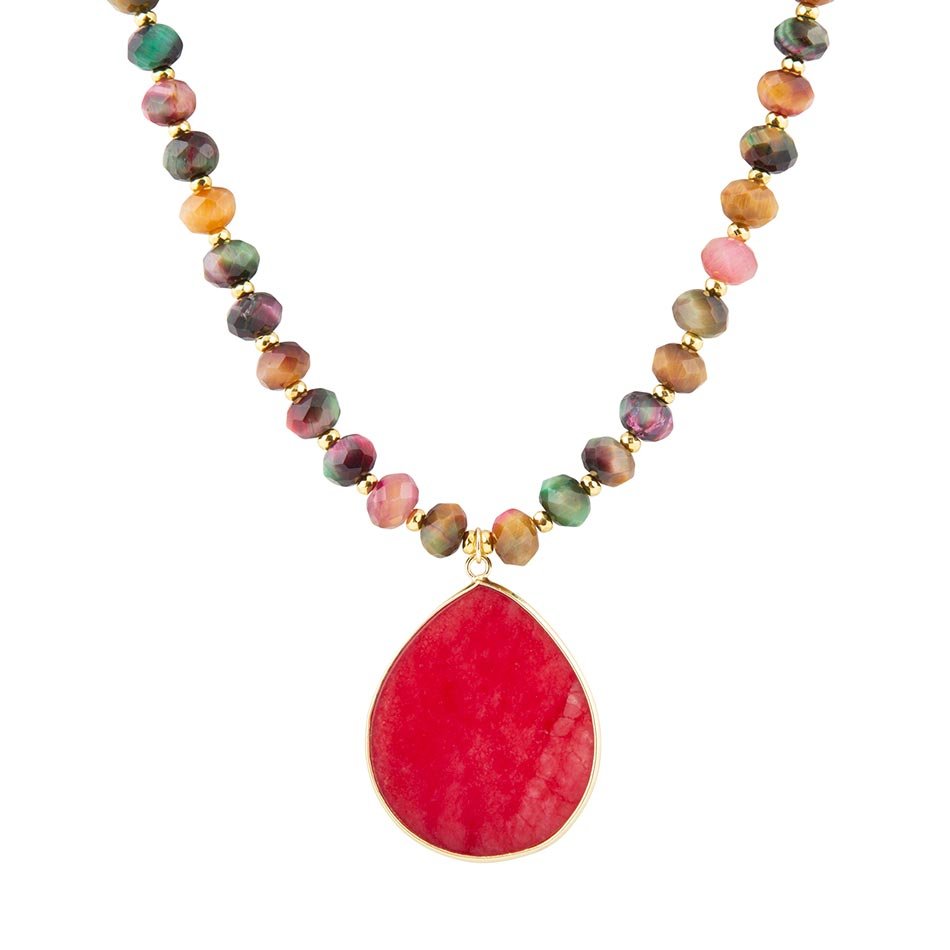 Jeweled Multicolor Tiger's Eye and Pink Jade Pendant Golden Necklace | Necklaces | Wiccan Center