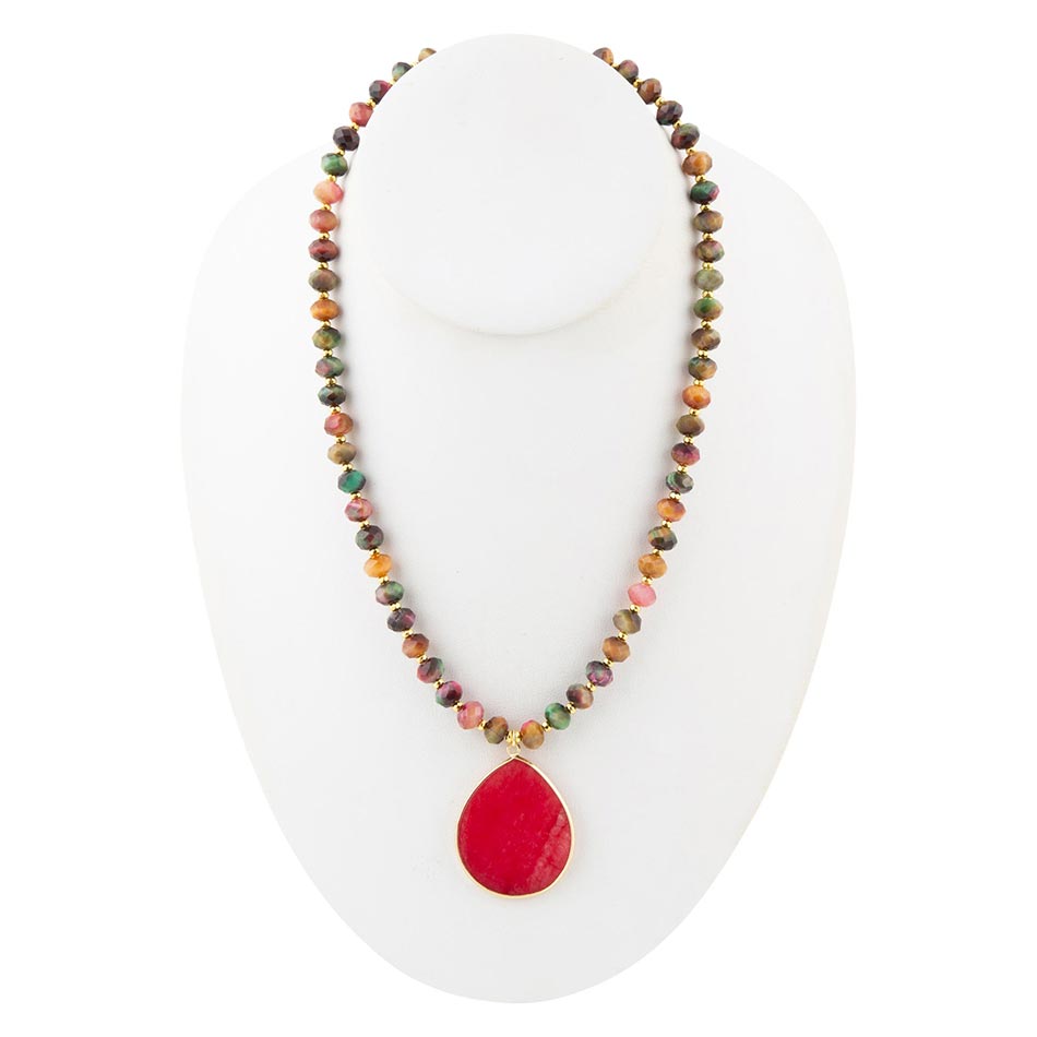 Jeweled Multicolor Tiger's Eye and Pink Jade Pendant Golden Necklace | Necklaces | Wiccan Center