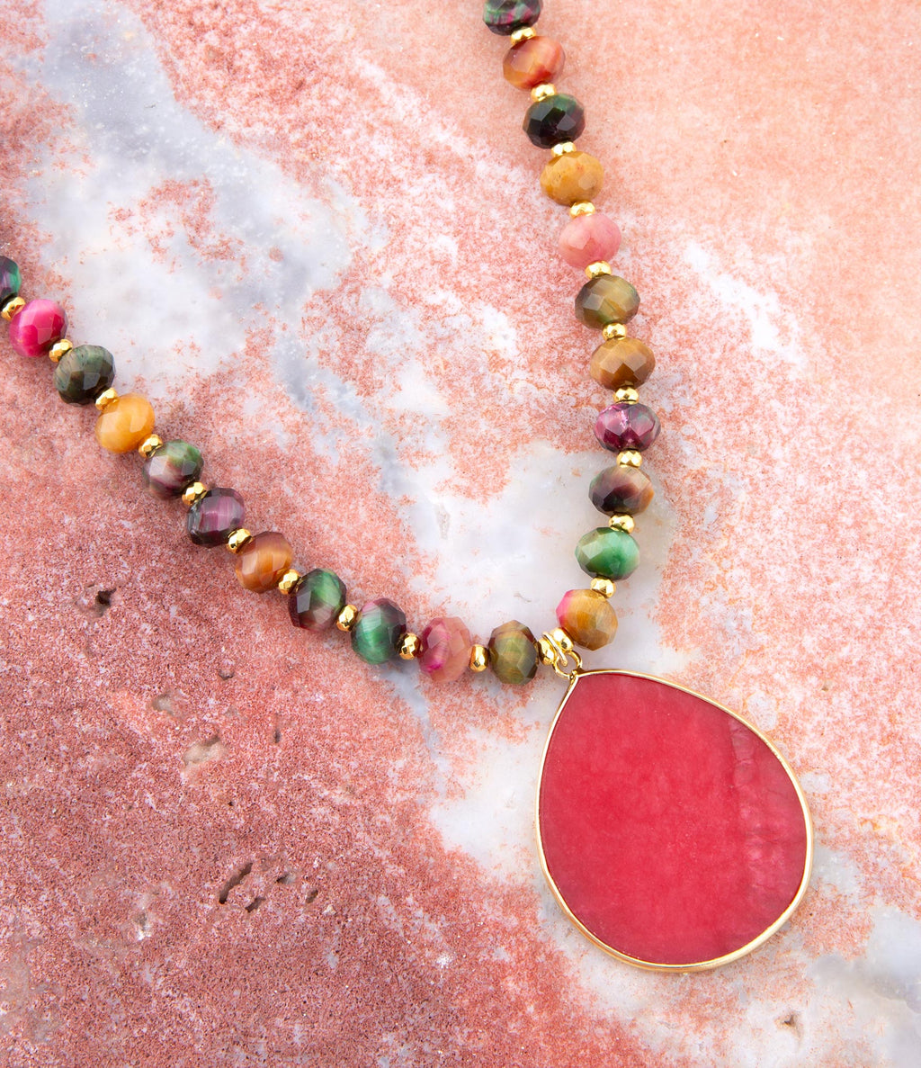 Jeweled Multicolor Tiger's Eye and Pink Jade Pendant Golden Necklace | Necklaces | Wiccan Center