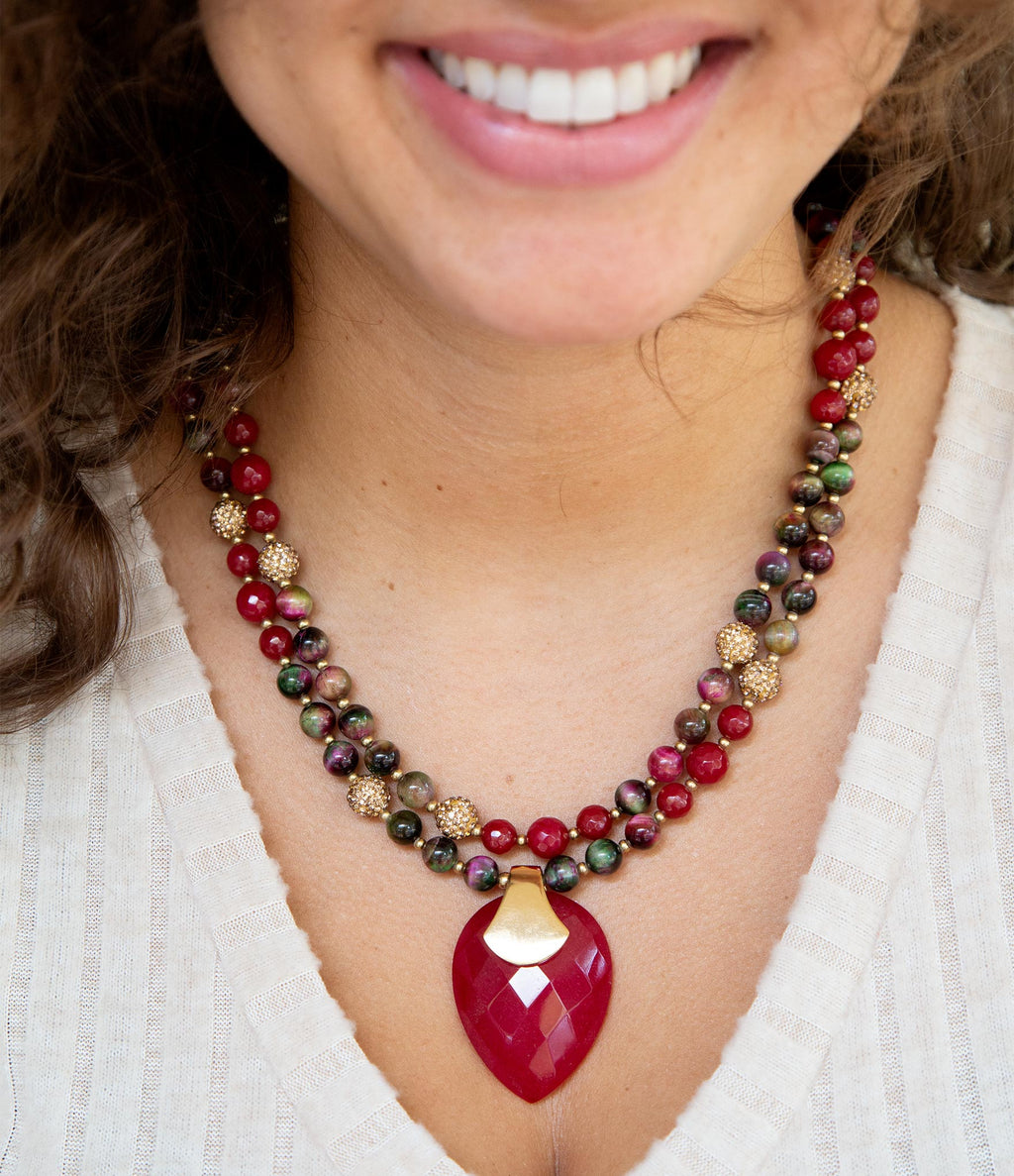 Jeweled Multi-Color Tiger's Eye and Rasberry Quartz Pendant Golden Necklace | Necklaces | Wiccan Center