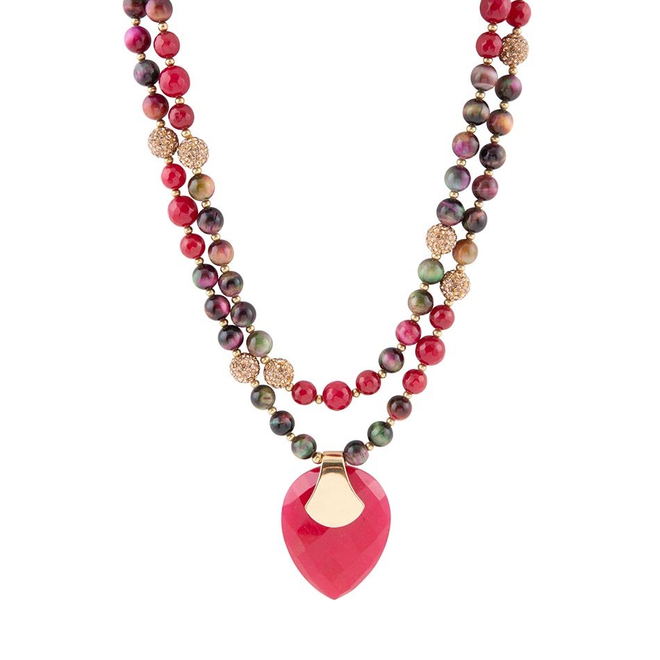 Jeweled Multi-Color Tiger's Eye and Rasberry Quartz Pendant Golden Necklace | Necklaces | Wiccan Center
