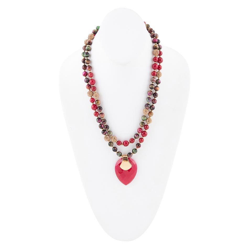 Jeweled Multi-Color Tiger's Eye and Rasberry Quartz Pendant Golden Necklace | Necklaces | Wiccan Center