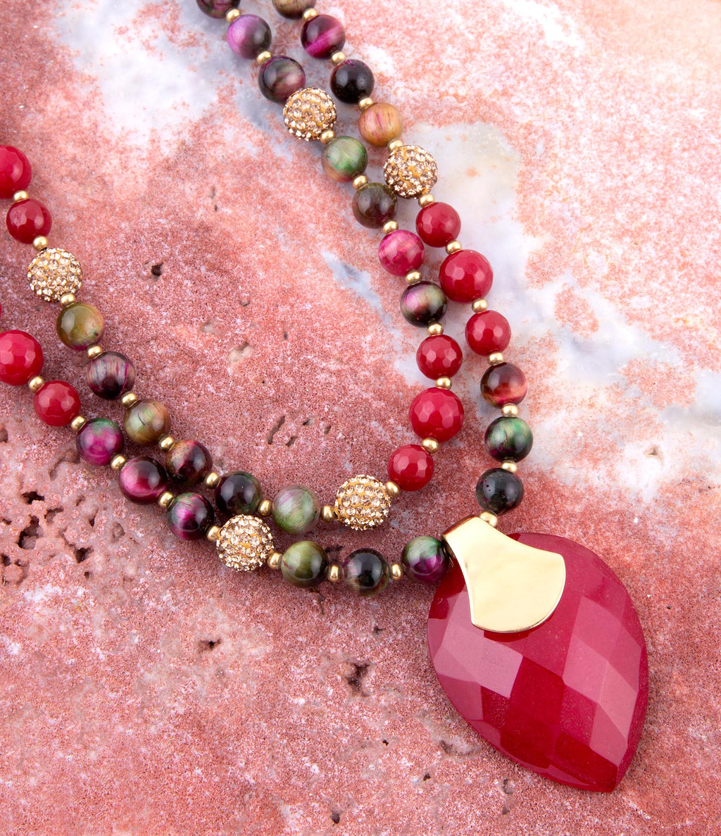 Jeweled Multi-Color Tiger's Eye and Rasberry Quartz Pendant Golden Necklace | Necklaces | Wiccan Center